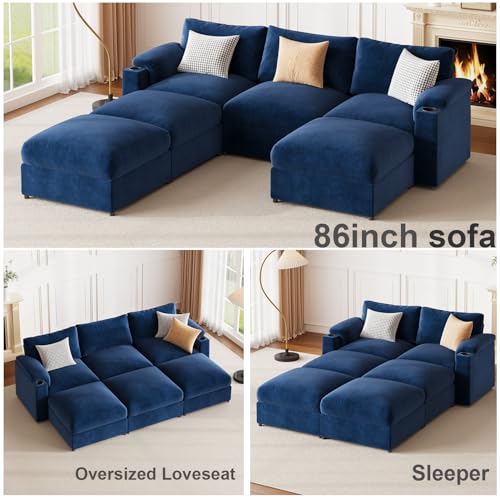 Image of Sectional Couches for Living Room FSC Certified Chenille Modular Couch Oversized Cloud U Shaped Convertible Sleeper Sofa Chaise Detachable Armrest Cushion (Velvet Blue, U Shape 6 Seat)
