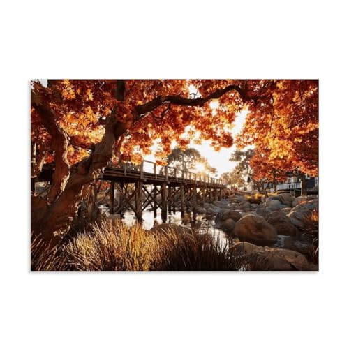 Wooden Covered Bridge, Rural Scenery, Stream, Forest, Art Posters (4)
