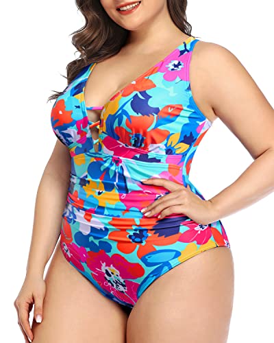 Yonique Women Plus Size One Piece Swimsuit Tummy Control Bathing Suits Lace Up Plunge Swimwear Colorful Flowers 16W #TOP3