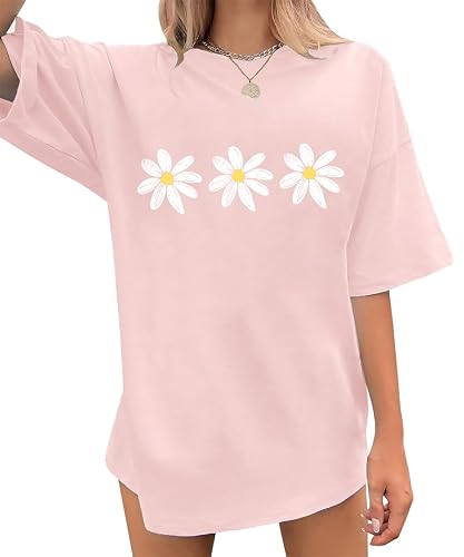 QIXYN Oversized Floral Shirt for Women Vintage Daisy Flower Graphic Tees