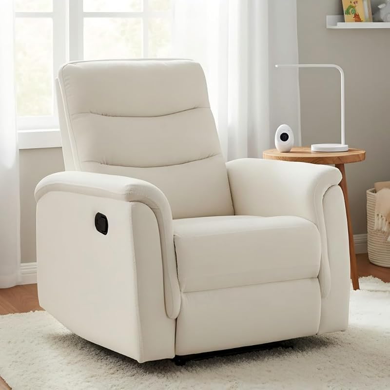 Mecedora de enfermería, sillón reclinable giratorio de tela suave, sillón reclinable giratorio tapizado para guardería, sofá individual reclinable manual mullido para sala de estar, dormitorio, guardería, color blanco