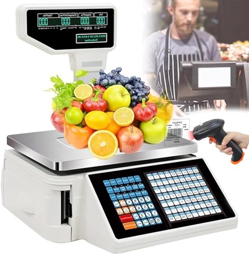 Báscula de impresión de etiquetas de precio, báscula de código de barras con calculadora de peso, impresora térmica de código de barras electrónica, pantalla de doble cara,Machine+Scanner