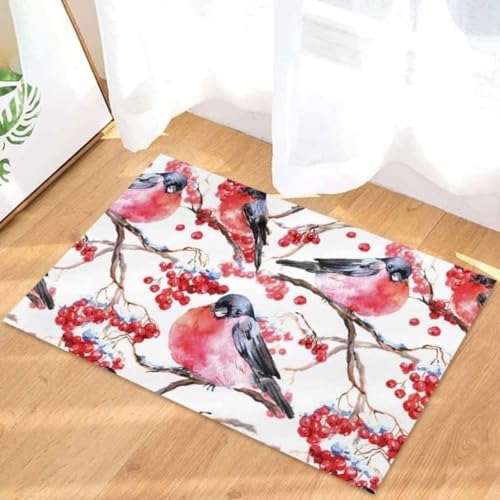 ���փ}�b�g ���b�h�J�[�f�B�i���x���[�u�����`���ʃ��O 50×80cm doormat Red Cardinal Berry Branch Watercolor Rug
