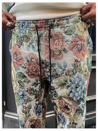Men's Vintage Floral Straight Leg Baggy Pants Drawstring Waist Trousers with Pockets Streetwear4