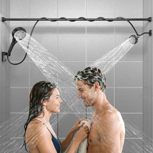 NTPN Dual Shower Head with Handheld for Couples: High Pressure Double Shower Heads for Two People - Adjustable Two Showerhead System with 3 Flow Settings Fits 2 Person Bathroom (Black)