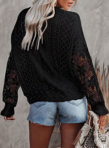 Image of Dokotoo Womens Crewneck Crochet Lace Long Sleeve Hollow Out Cable Knit Sweaters Pullover Tops