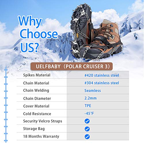 Uelfbaby Crampons Upgraded 19 Spikes Ice Snow Grips Traction Cleats System Safe Protect for Walking, Jogging, or Hiking on Snow and Ice (Fit S/M/L/XL/XXL Shoes/Boots) - Thumbnail 6