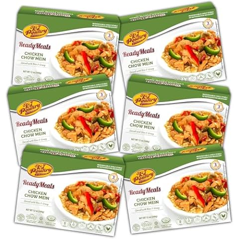 KJ Poultry Kosher Ready Meals - Chicken Chow Mein, MRE Meat Meals Ready to Eat, Gluten Free (6 Pack) Prepared Entree Fully Cooked, Shelf Stable Microwave Dinner Travel Military Camping Survival Cover