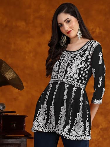 Image of EthnicJunction Georgette Women Chikan Embroidery Short A-Line Kurti | Summer Kurti | Short Kurti for Women | Top for Office | Women's Tunics Tops | Kurta Shirt Top | Regular Fit Top