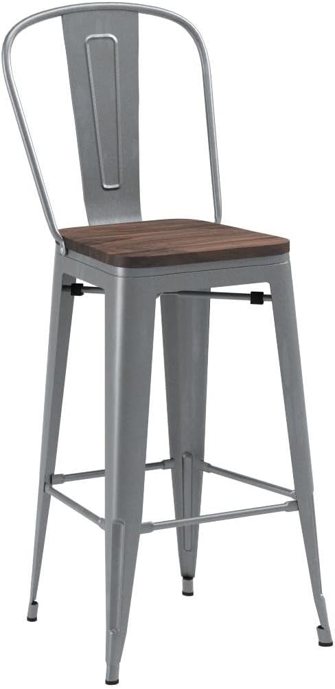Yongqiang 30 inch Bar Stools Set of 4 Modern Farmhouse Bar Height Stools Kitchen Island Bar Chairs Metal Barstools with Wooden Seat, High Back Silver