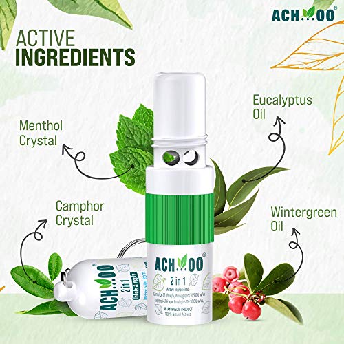 Image of ACHOO 2 In 1 Inhaler and Roll On Relief From Cold, Cough, Blocked Nose, Headache and Breathing difficulty | Cold & Nasal Congestion With 100% Natural Active Ingredients (Pack of 2)