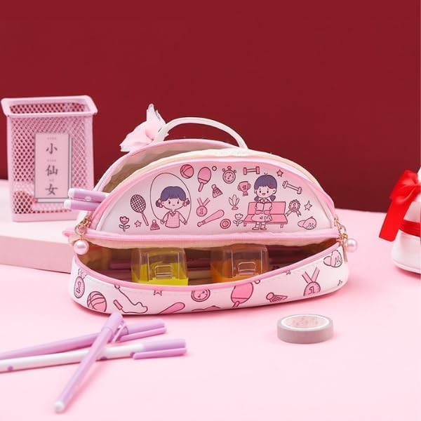 Image of Kawaii Large Capacity Pencil Case with Pearl Zipper Washable Durable PU Leather Pen Bag, Cute School Stationery Organizer for Girls, Kids, Teens, Students (Summer Girl Blue Pouch)
