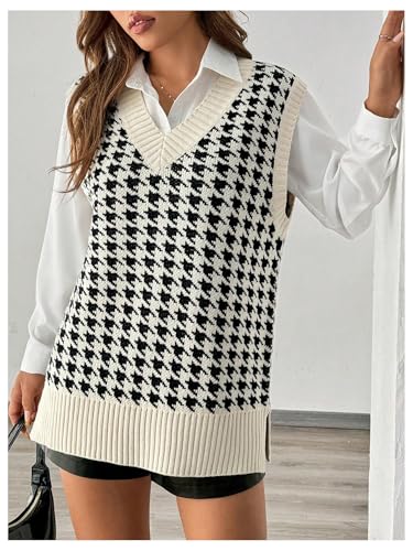 Image of MakeMeChic Women's Houndstooth Sweater Vest Sleeveless V Neck Loose Tops Black and White Large