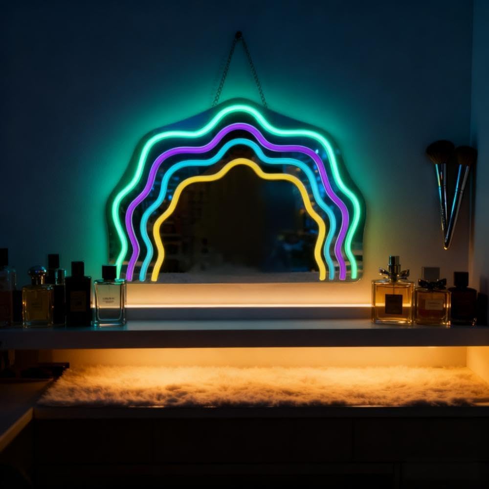 Rainbow Mirror Neon Sign for Wall Decor Colorful Light Up Mirror Led Sign Girls’ Birthday Party Gifts Led Decorative Night Signs Room Decoration Christmas Party Gift for Girl Dresser Bedroom - Image 3