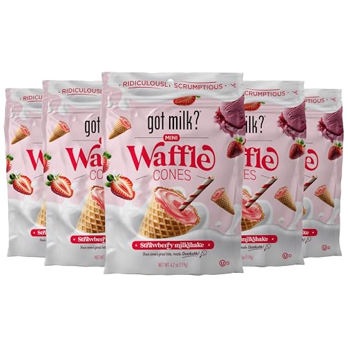 got milk? Mini Waffle Cones, Strawberry Milkshake, 4.24 Oz. Resealable Bag, Delicious White Chocolate Filled Cocoa Waffle Bites, Mini Ice Cream Cones for Dessert or Snack, Case Pack, Case of 12 Bags