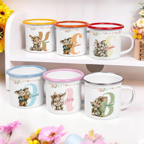 callie Personalized Kids Easter Mug 12oz, Custom Initial Name Bunny Enamel Cup, Rabbit Gifts for Boys Girls Family