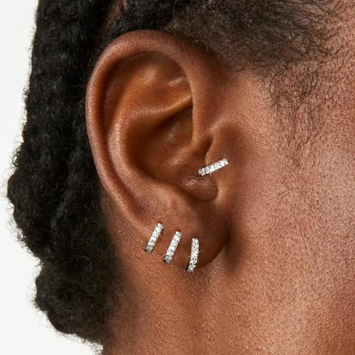 Gokeey 4 Pairs Sterling Silver Small Hoop Earrings Set Tiny Lightweight Cubic Zirconia Cuff Huggie Earrings Mini Hoops Cartilage Silver Piercing Jewelry for Women - Thumbnail 4