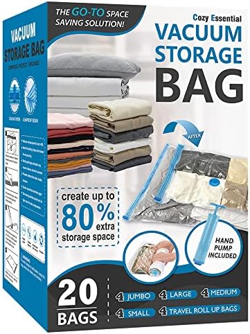 Cozy Essential Vacuum Storage Bags, 80% Compression Vacuum Seal Space Saver Plastic Packaging Bags for Clothes, Blankets, Pillow, Bedding, Comforters, Sealer Clothing Storage,20 Combo