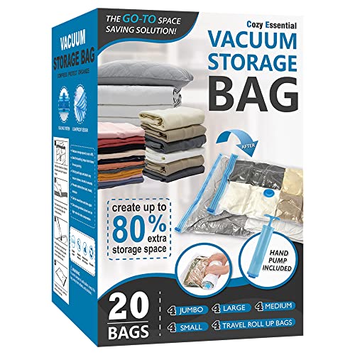 20 Pack Vacuum Storage Bags, Space Saver Bags (4 Jumbo/4 Large/4 Medium/4 Small/4 Roll) Compression for Comforters and Blankets, Sealer Clothes Storage, Hand Pump Included