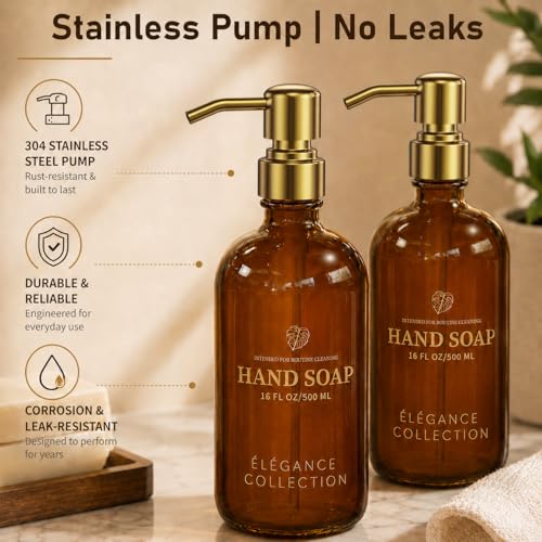Image of Fachixy Amber Glass Soap Dispenser (2 Pack), 16 Fl Oz Hand & Dish Soap Dispenser Bottles Set with Rust-Resistant Stainless Steel Pump, Non-Slip Pad, 14 Waterproof Labels for Kitchen and Bathroom