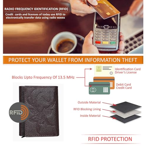 Image of Men's Genuine Leather RFID Wallet | Premium Slim Red Wallet for Men with Deer 3D Print | 8 Card Slots Secure and Durable Design | Casual Stylish | Formal Gifting, Black (Safiano /Brown)