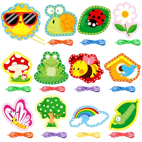 Image of Springtime Lacing Cards for Kids 12 Packs Sewing Kits Rainbow Flower Butterfly Cardboard Sewing Cards Lacing Games for Developing Imagination School Learning Activity Supplies Spring Decorations