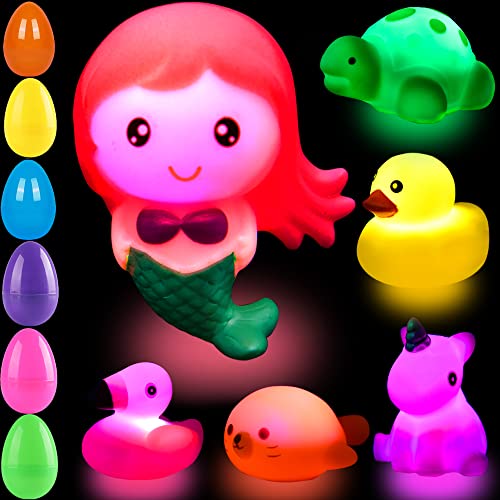 uscan 6pcs Pre-Filled Easter Eggs with Toys Inside Floating Light Up Bath Toys for Kids Girls Boys Easter Eggs Hunt Suprise Easter Basket Stuffers Party Favor Bathtub Toys Bathroom