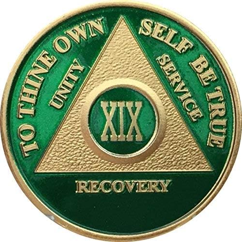 19 Year AA Medallion Green Gold Plated Anniversary Chip with Serenity Prayer