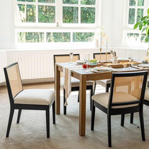 BESTANO Farmhouse Rattan Dining Chairs Set of 4 Black Wood Dining Room Chairs Rectangle Cane Country Kitchen Chairs Upholstered Dining Chair for Dining Room, Cream Linen