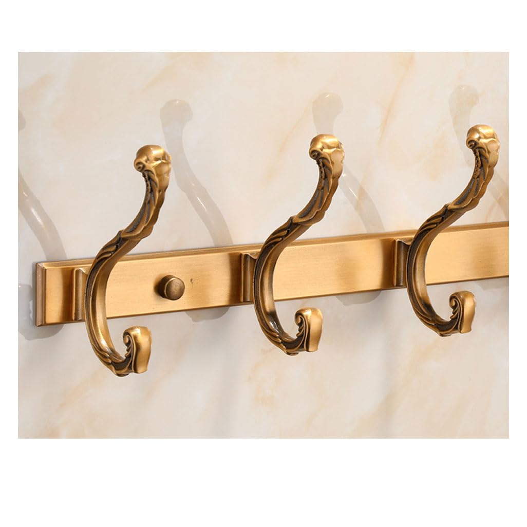 LMYSXAOZ Vintage Metal Coat Rack Wall Mount, Gold Aluminum Thickened Hooks Hanging Rail Antique Clothes Towel Racks for Bathroom Entryway Bedroom Behind The Door 7hook