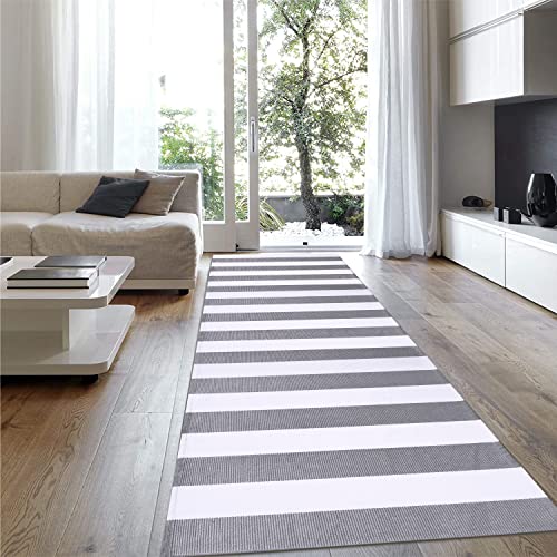 EARTHALL Grey and White Striped Rug Runner 2.3'x8', Grey Rug Runner Hallway Entry Carpet, Cotton Hand-Woven Washable Outdoor Rug Runner Entryway/Front Porch/Bedroom (27.5''x94.5'') - Thumbnail 3