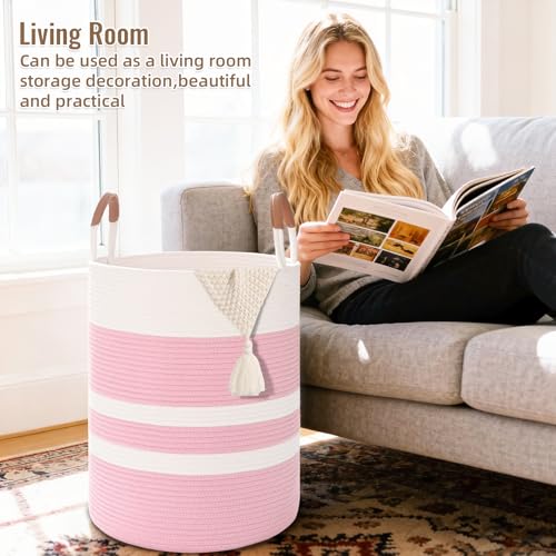 Image of Large Laundry Basket, Laundry Hamper with Leather Handles, 60L Woven Dirty Clothes Hamper, Rope Hampers for Bedroom, Barthroom, Pink