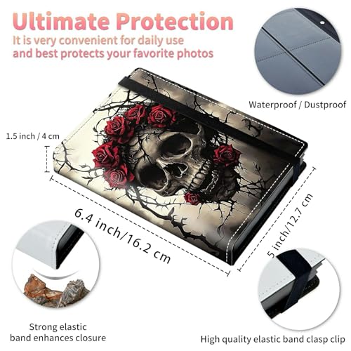 Image of Photo Album 4x6 120 Pockets Photos with Strong Elastic Band, Small Mini Albums Sheet Protector Folder for Photos, Album for Family Wedding Women Men Baby Vacation Gift, Skull Red Rose