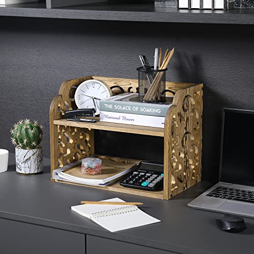 Mygift 2 Tier Dark Brown Solid Wood Desktop Storage Display Shelf With Scrollwork Cutout Design, Study Desk Bookcase For Dorm Room, Office And Home Decor #TOP2