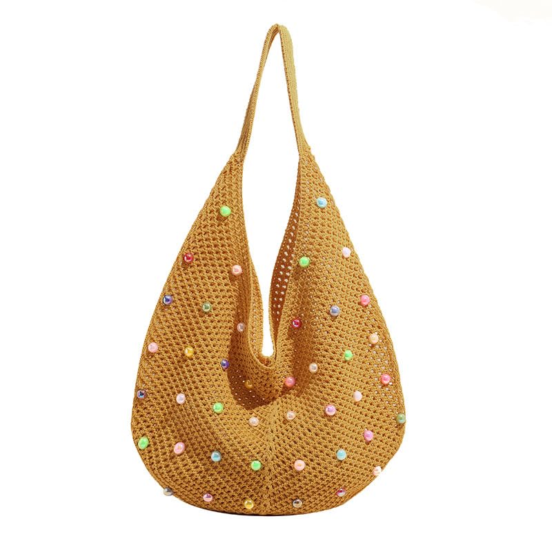 Image of Boho Crochet Beach Tote Shoulder Bag with Colored Beads | Colorful Aesthetic Hippie Knit Bag for Women