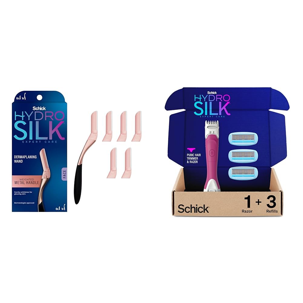 Schick Hydro SilkDermaplaning Wand with 6 Blades & TrimStyle Razor with Bikini Trimmer, 5 Blades, 3 Refills