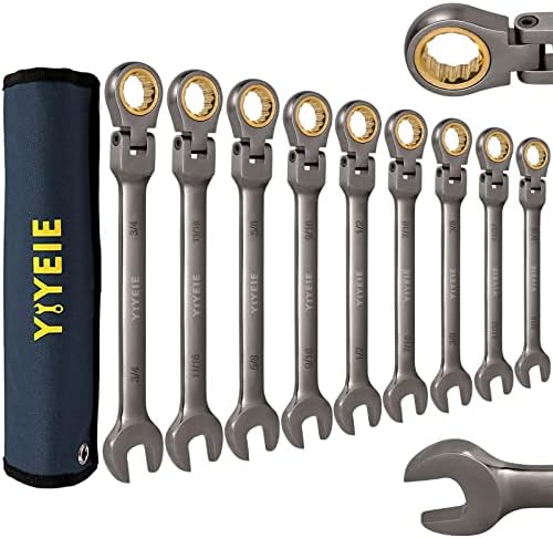 YIYEIE 9pcs Flex-Head Ratcheting Combination Wrench Set, SAE 5/16-3/4 in, Nickel Plating, 72-Tooth Ratchet Box End and Open End, Cr-V Constructed, With Carrying Pouch