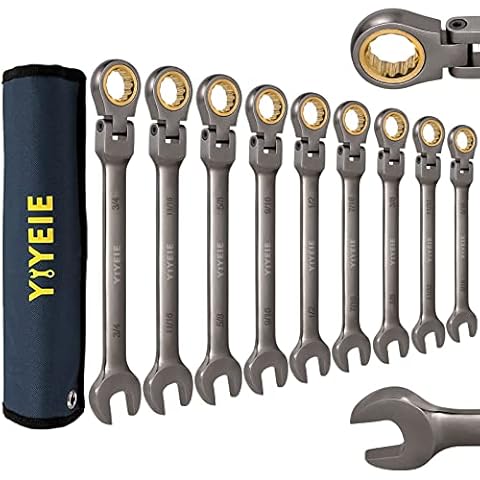 YIYEIE 9PCS Flex-Head Ratcheting Wrench Set, SAE 5/16, 11/32, 3/8, 7/16, 1/2, 9/16, 5/8, 11/16, 3/4 Inch, 72 Tooth, CR-V Steel, Swivel Ratchet Wrench with Nickel Plating Cover