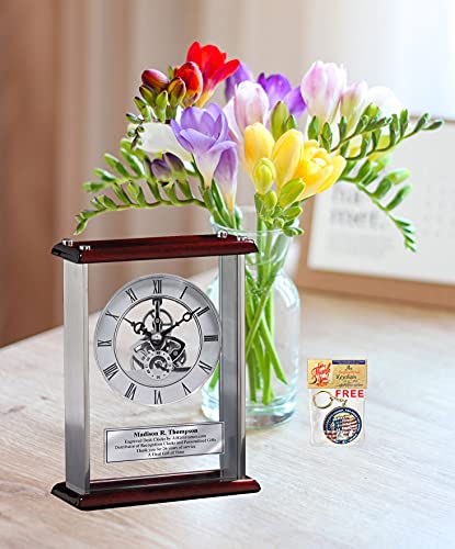 Allgiftframes Employee Service Award Recognition Retirement Gift Personalized Engraved Desk Clock Silver Engraving Plate Large Silver Davinci Desk Clock Encased Glass Chrome Wood Cherry Top And Base #TOP1