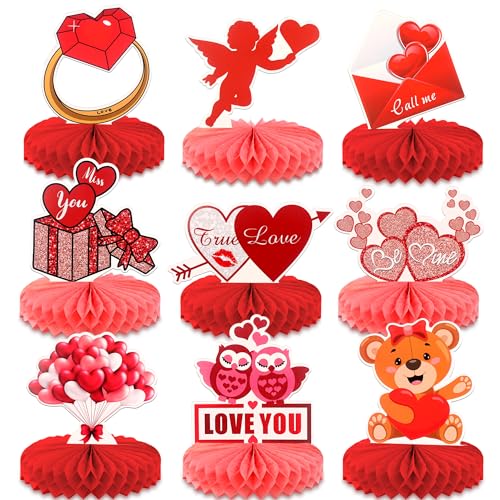 KatchOn, Heart Centerpieces for Tables - Big Pack of 9 | Love Table Centerpiece, Heart Table Decorations | Love Decorations for Party | Red 3D Heart Honeycomb Centerpieces for Wedding Decorations