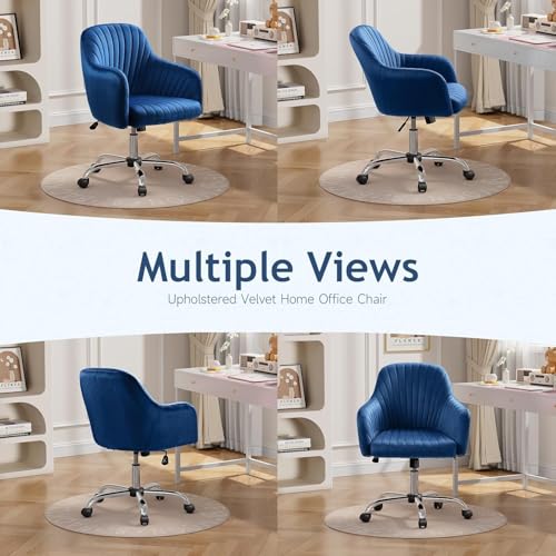 Image of AZAKEE Velvet Office Chair with Wheels & Armrests - Mid-Back Swivel Desk Chair for Home Office, Study, Bedroom & Vanity - Adjustable Height, Comfortable & Stylish (Blue)
