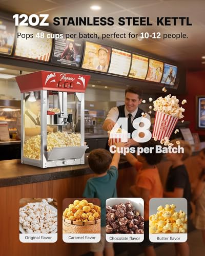 Image of 12 Oz Commercial Popcorn Machine, Movie Theater Popcorn Machine, Red Tabletop Pop corn Machine with 3-Switch Control & Steel Frame Tempered Glass Doors