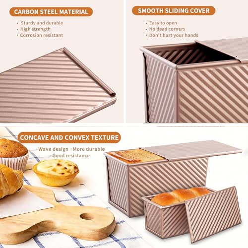 Image of 3 Pack Pullman Loaf Pan with Lids, Non-Stick Bread Loaf Pan, Heavy Duty Carbon Steel Corrugated Toast Box for Baking, Square Bread Pans for Homemade Sandwich, Bakeware (Rose Gold)