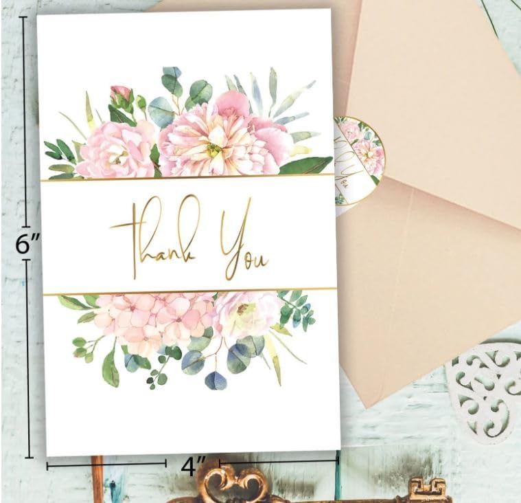 Miniatura 6 de WHOLISTIC JOY Tarjetas de agradecimiento  Juego de 48 con sobres y calcomanías  Florales de lámina dorada para bodas, bebés, despedidas de soltera,