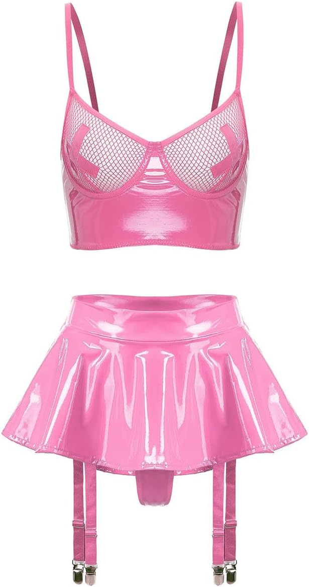 Womens Patent Leather Lingerie Mesh Push Up Underwire Bra Ruffle Miniskirt Garter Belts Pole Dancing Clubwear Pink