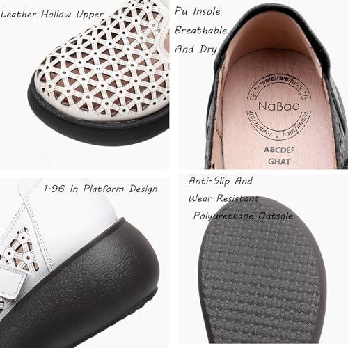 Women's Genuine Leather Hollow Out Orthotic Platform Mary Jane Sneakers Adjustable Hook and Loop T-Strap Casual Breathable Comfortable Chunky Wedge Arch Support Walking Shoes3