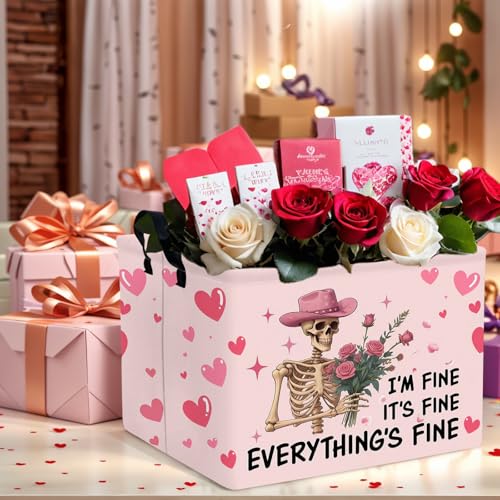 Image of Valentine's Day Basket Gift for Empty Cute Heart Large Storage Bin for Kid and Baby Room Decor (Pink Rose Skull Heart)