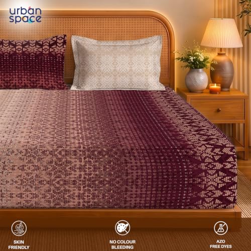 Image of Urban Space Serene 300TC 100% Cotton Bedsheet for Double Bed, Panel Design Bedsheet, Printed Queen Size Bed Sheet with 2 Pillow Covers (90 x 100 Inches, Sun&Sand Wine)
