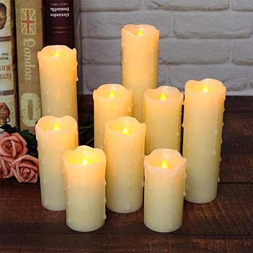 Dromance Flameless Flickering Candles Battery Operated With Remote And Timer, Set Of 9 Dripping Real Wax Warm Light Led Pillar Candles For Holiday, Christmas Decoration(Ivory, 2.2" D X 4"-9" H) #TOP3