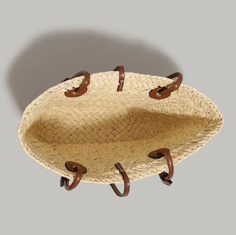 Image of Small Straw Basket Handbag for Women PU Leather handle Handmade Woven Summer Beach Shoulder Bag